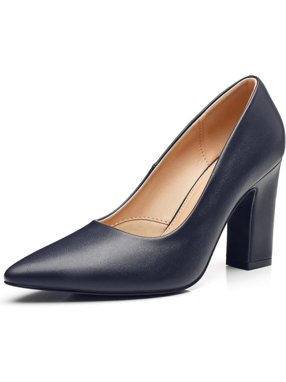 Women's Navy Closed Pointed Toe Chunky Pumps Shoes Slip-On Block High Heels